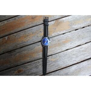 Vintage 1972 Camy Manual Mens Silver Watch W/Leather Strap & Blue accents